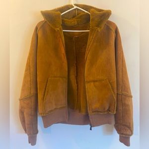 UGG leather bomber jacket with hood, brown, size L